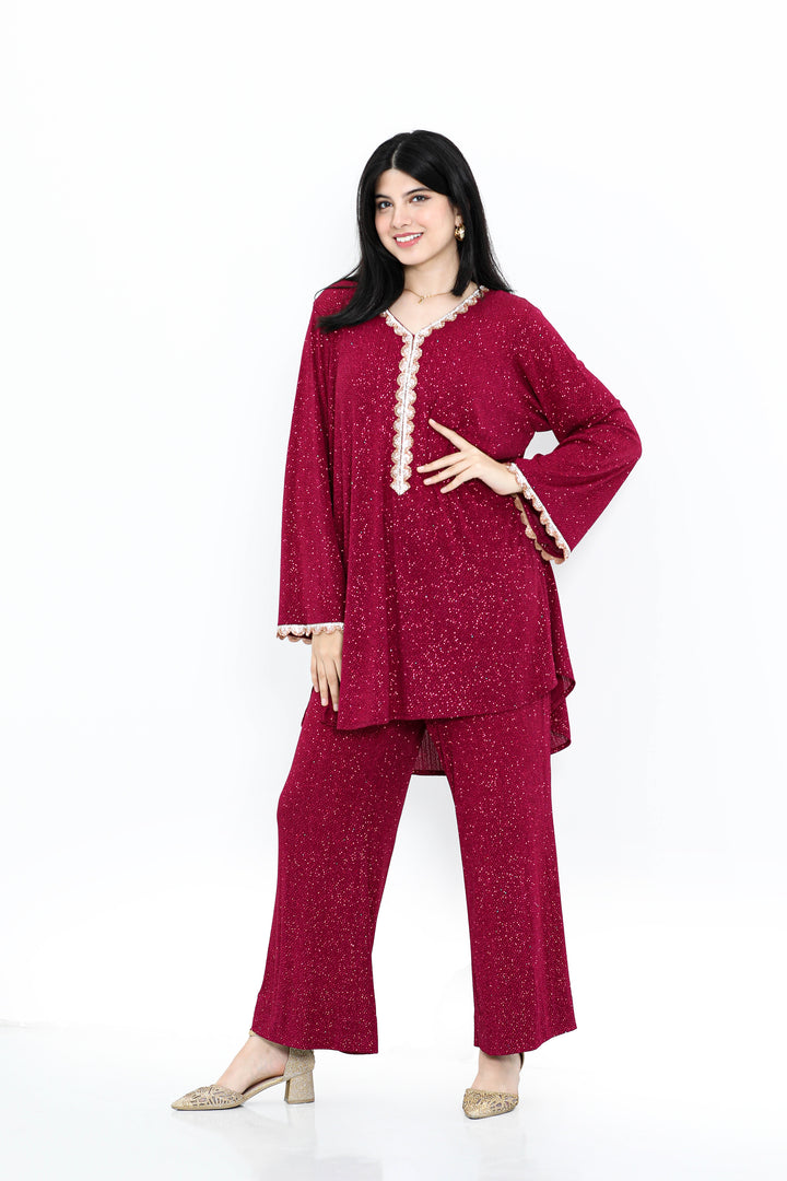 Alish Maroon Glittery Co Ord Set with Full Sleeve and Glittery Golden Borders